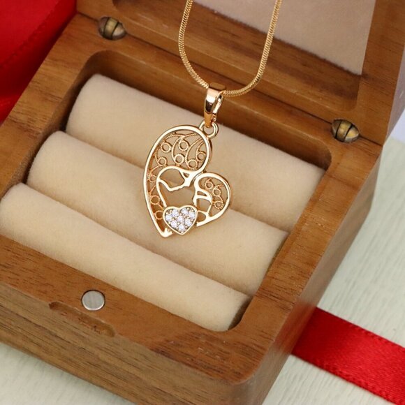 "Rose Gold Heart Pendant Featuring Mother & Child with Crystal Accent, XPPT1864 - Picture 2 of 13